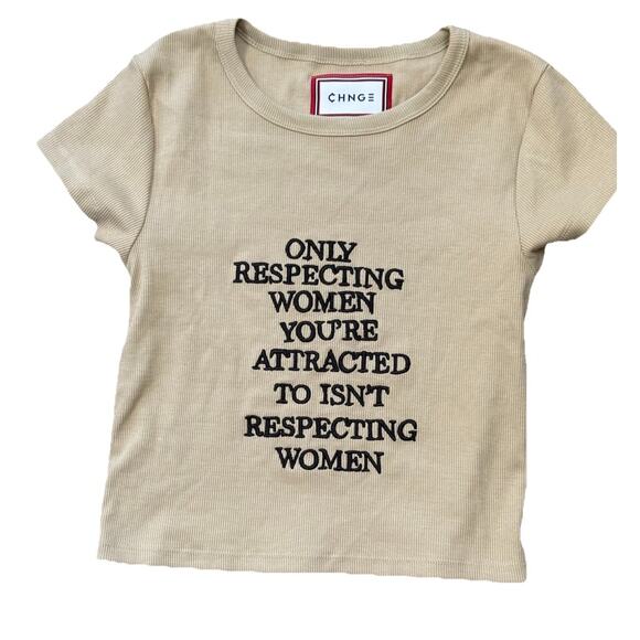 CHNGE Women's Respecting Women Short Sleeve Cropped Tee Tan‎ Black Size Small - Picture 1 of 8